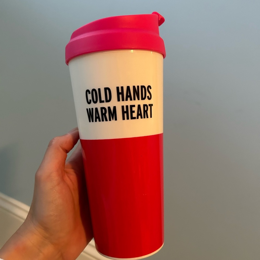 Cold Hands Warm Heart Kate Spade Travel Coffee Mug white pink